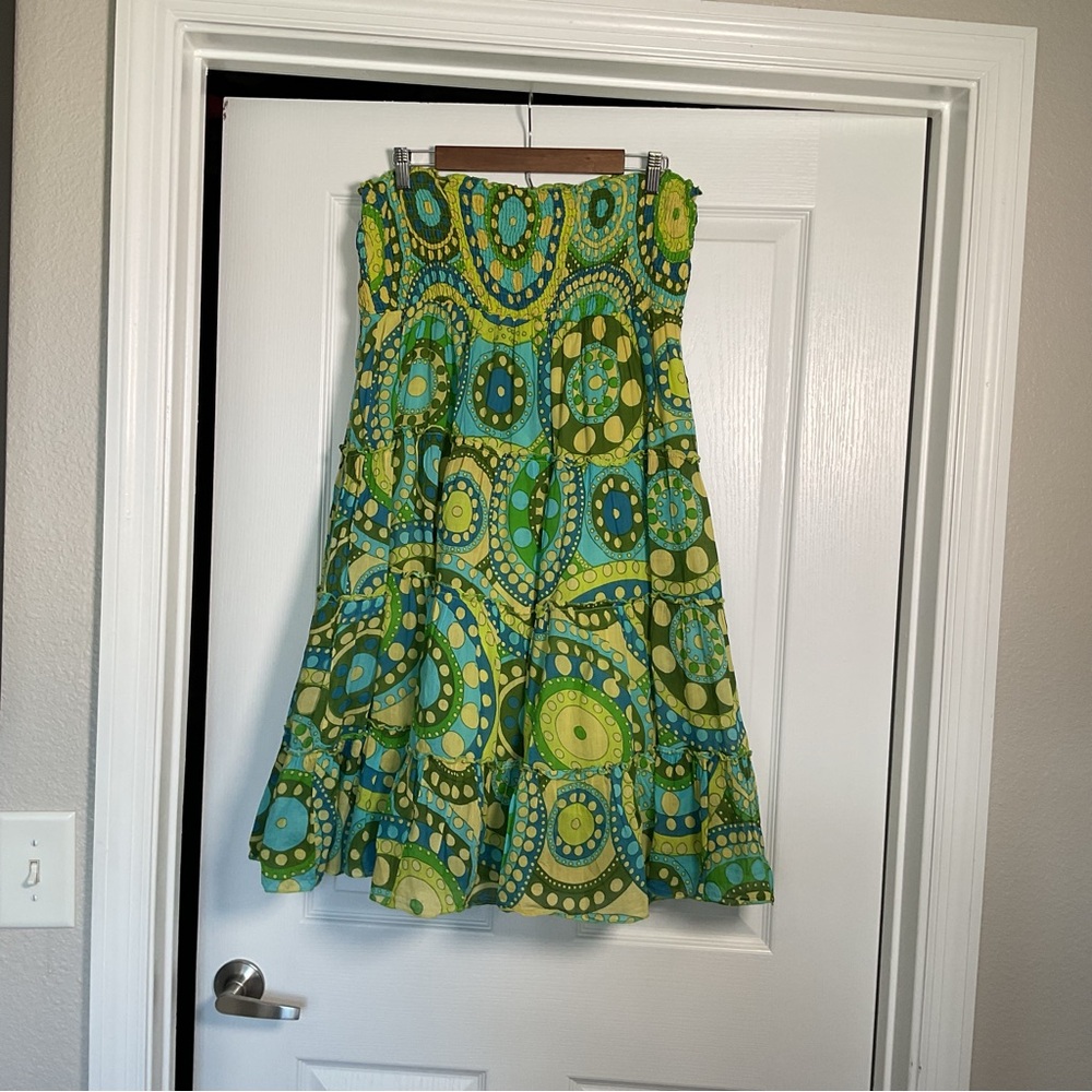 Cato Strapless Green & Teal Patterned Midi Dress